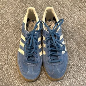 adidas Blue Suede Handball Spezials with White Stripes and Gum Sole